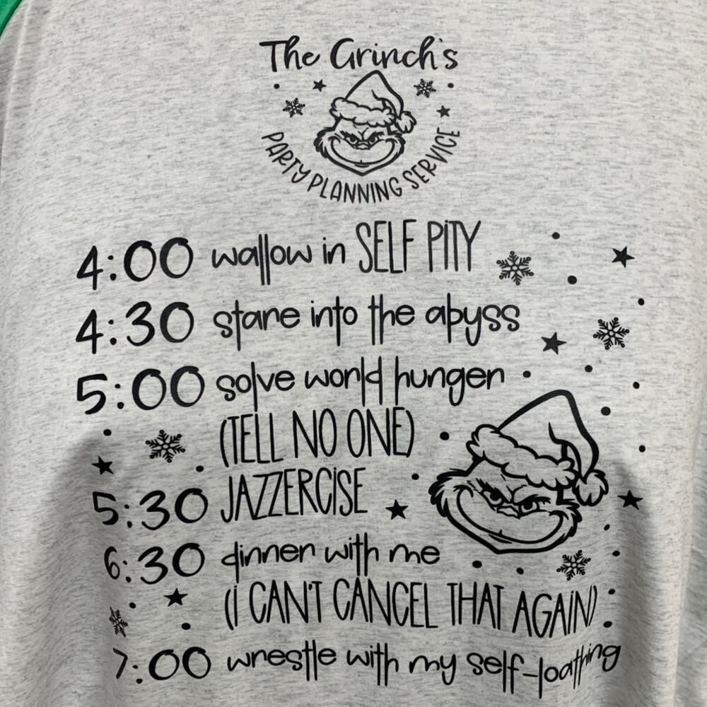 New Hand Printed Womens 3XL The Grinch's Party Planning Service Long Sleeve Tee - Picture 2 of 4